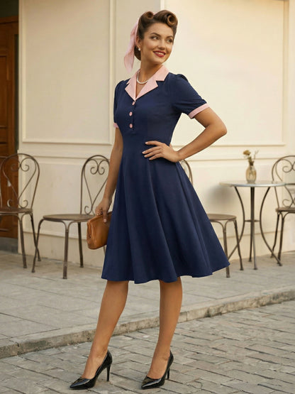 Retro Contrast Lapel Button Up Fit And Flare Midi Dress For Women 2026