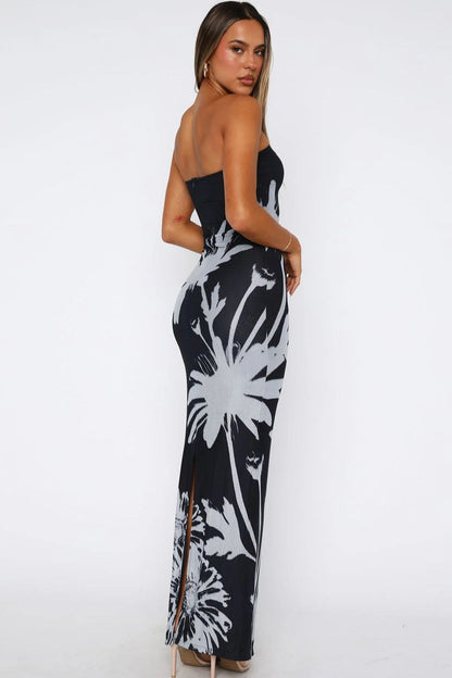 Strapless Floral Graphic Print Bodycon Column Maxi Dress