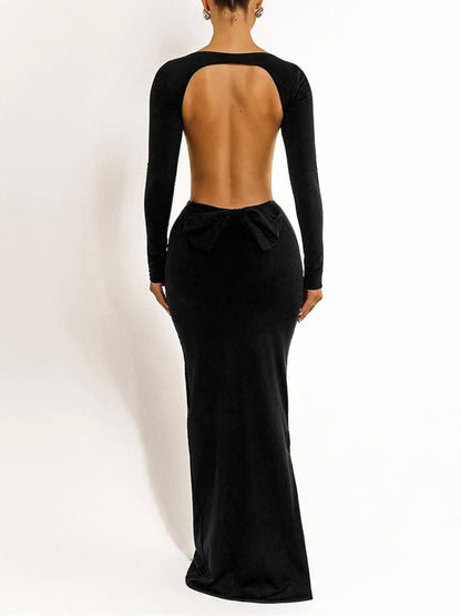 Boat Neck Long Sleeve Side Waist Cutout Column Maxi Dress