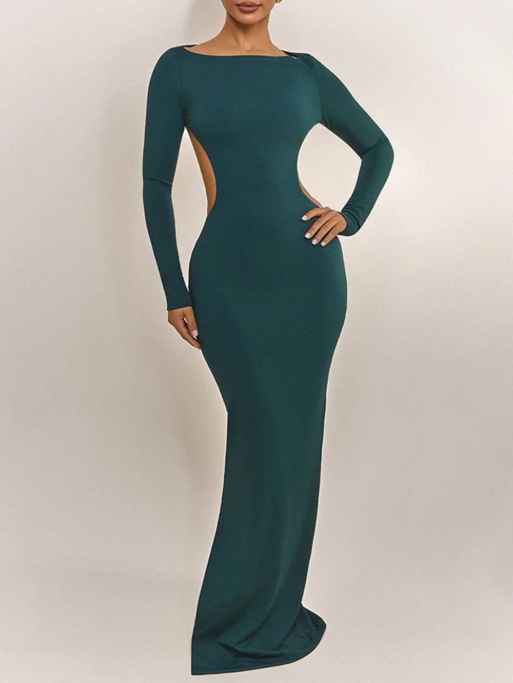 Boat Neck Long Sleeve Side Waist Cutout Column Maxi Dress
