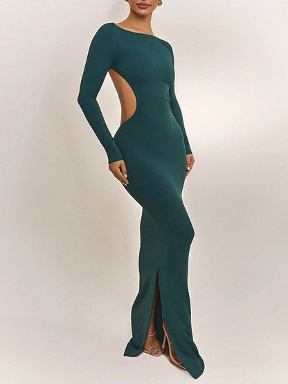 Boat Neck Long Sleeve Side Waist Cutout Column Maxi Dress