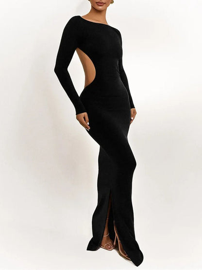 Boat Neck Long Sleeve Side Waist Cutout Column Maxi Dress