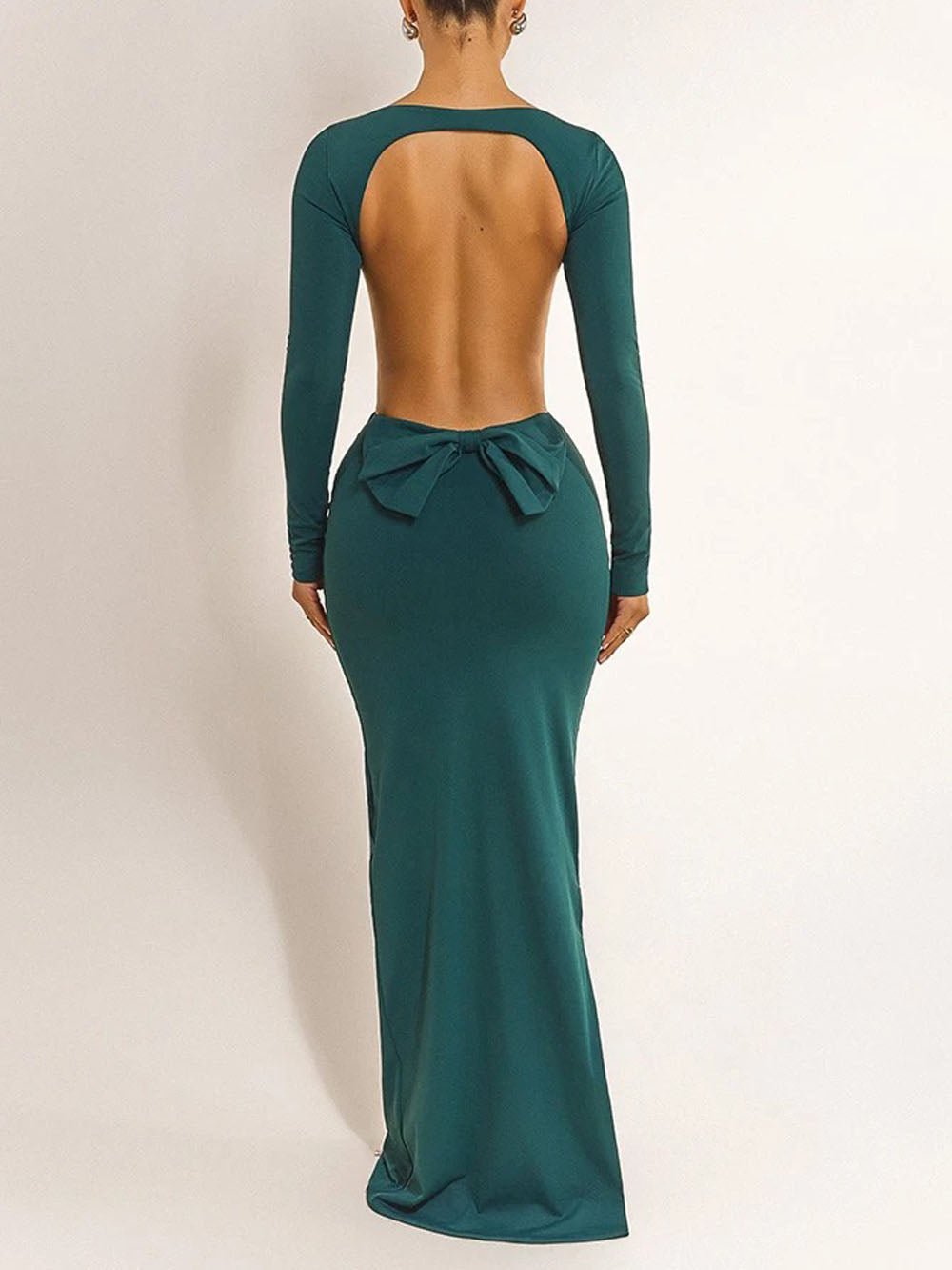 Boat Neck Long Sleeve Side Waist Cutout Column Maxi Dress