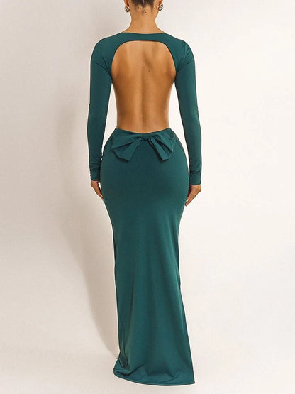 Boat Neck Long Sleeve Side Waist Cutout Column Maxi Dress