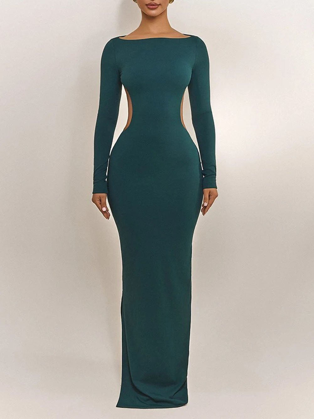 Boat Neck Long Sleeve Side Waist Cutout Column Maxi Dress