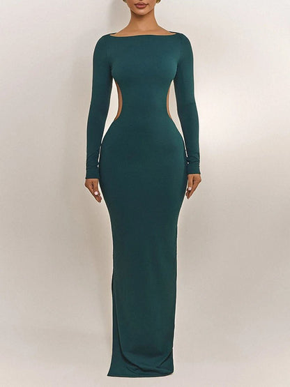 Boat Neck Long Sleeve Side Waist Cutout Column Maxi Dress