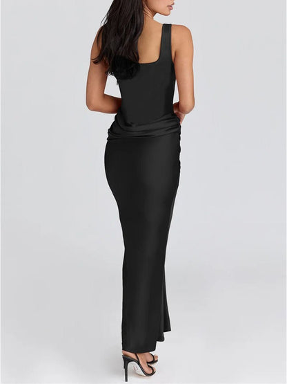 Corset Scoop Neck Ruched Hip Drape Satin Column Maxi Gown