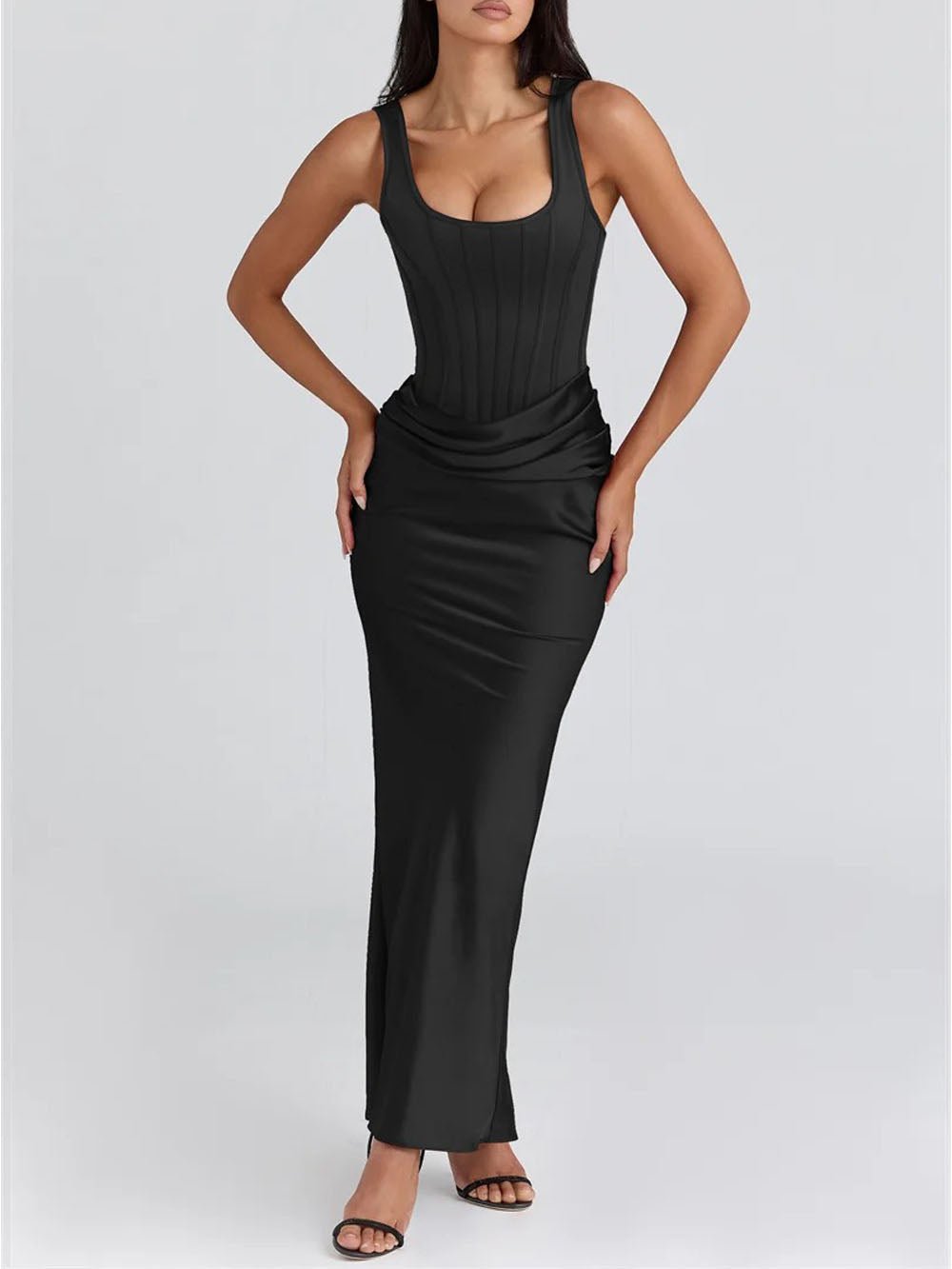 Corset Scoop Neck Ruched Hip Drape Satin Column Maxi Gown