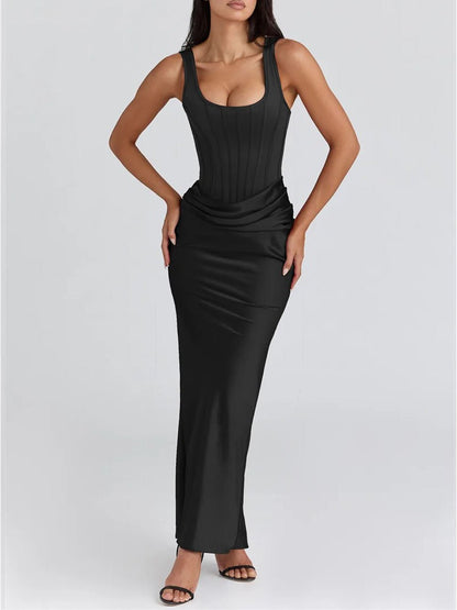 Corset Scoop Neck Ruched Hip Drape Satin Column Maxi Gown