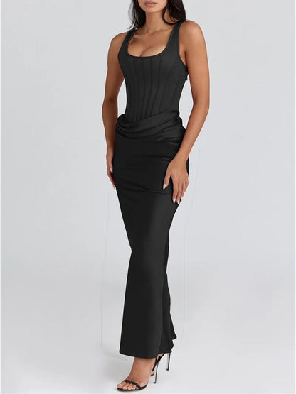 Corset Scoop Neck Ruched Hip Drape Satin Column Maxi Gown