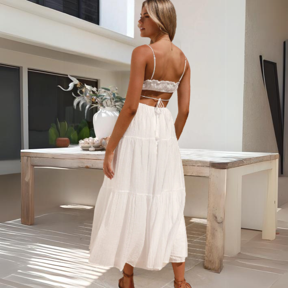 Smocked Back Tie Cut Out Tiered Spaghetti Strap Crinkle Gauze Maxi Dress