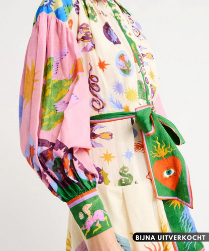 Collared Balloon Sleeve Tie Waist Celestial Dragon Print Maxi Shirt Dress