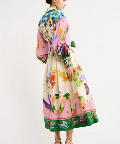 Whimsical Print Puff Sleeve Sash Bow Button Front Maxi Shirt Dress