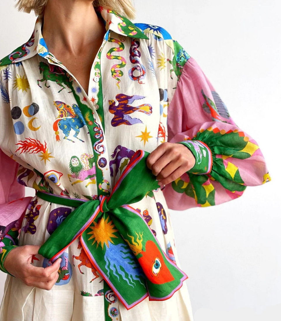 Whimsical Print Puff Sleeve Sash Bow Button Front Maxi Shirt Dress