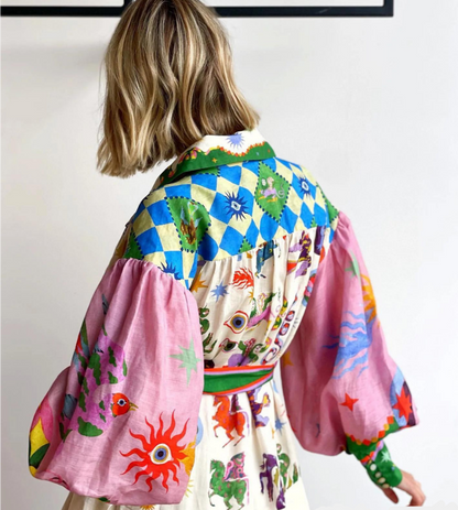Whimsical Print Puff Sleeve Sash Bow Button Front Maxi Shirt Dress