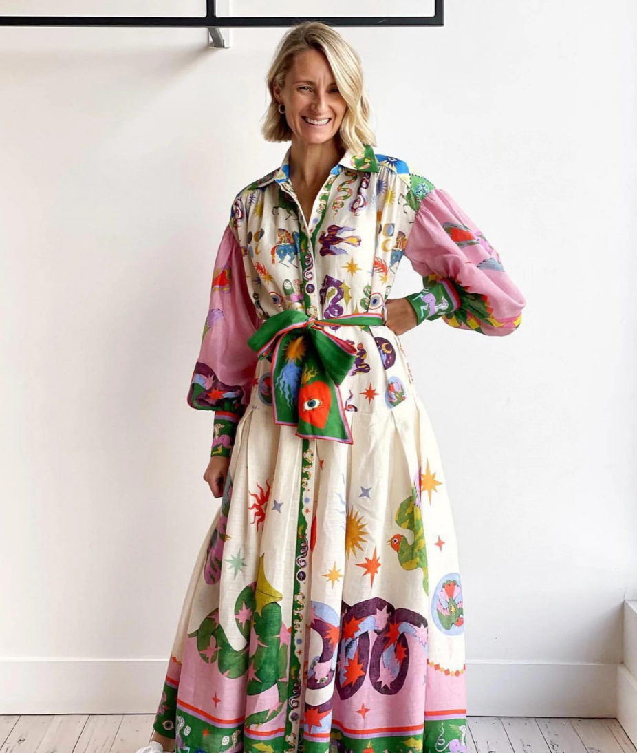 Graphic Print Collared Long Sleeve Belted Button Front Maxi Shirt Dress