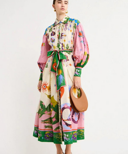 Graphic Print Collared Long Sleeve Belted Button Front Maxi Shirt Dress