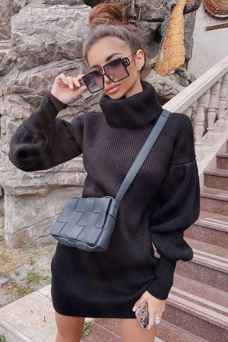 Chunky Rib Knit Bishop Sleeve Turtleneck Sweater Mini Dress