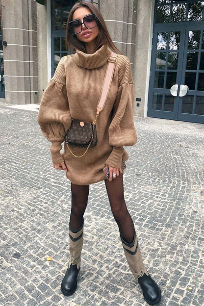 Oversized Chunky Knit Bishop Sleeve Turtleneck Ribbed Sweater Mini Dress