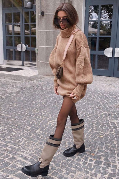 Oversized Chunky Knit Bishop Sleeve Turtleneck Ribbed Sweater Mini Dress