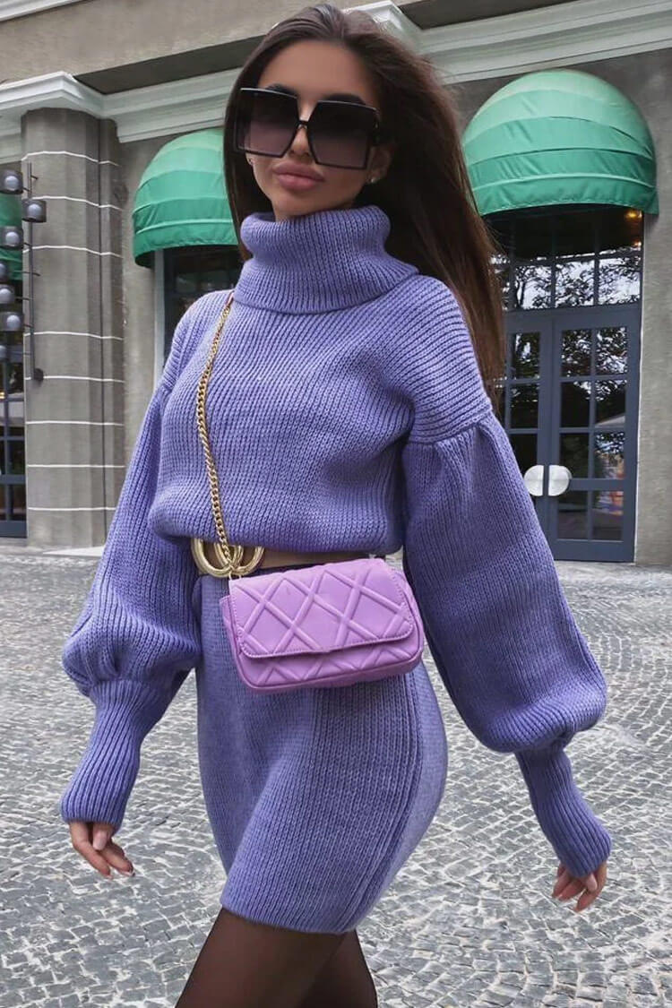 Chunky Knit Bishop Sleeve Turtleneck Sweater and Ribbed Mini Skirt Set