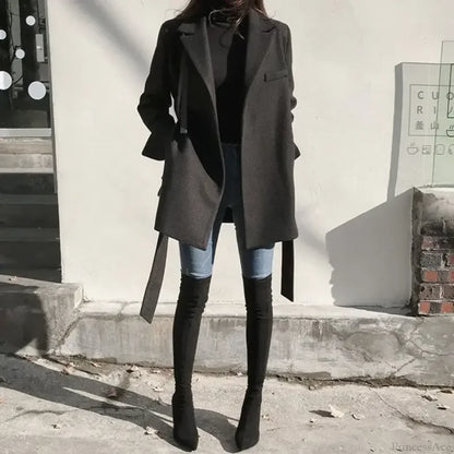 Black Blazer Wool Blend Lace-Up Overcoat