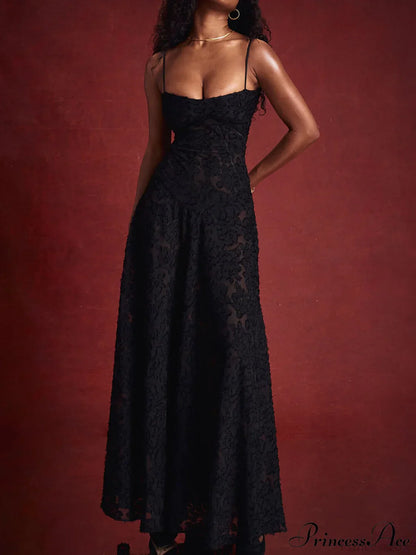 Black Floral Lace Charming Back Maxi Dress