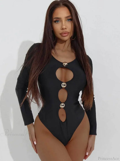 Black Hollow Button One Piece Swimsuit