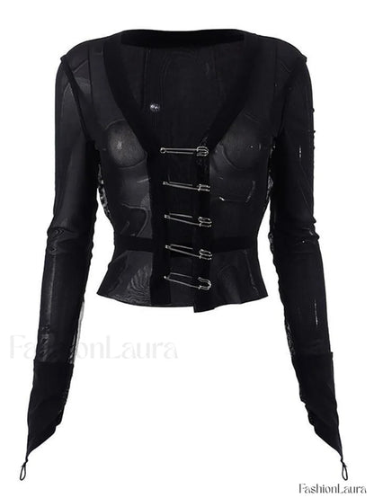 Black Mesh Safety Pin Cardigan