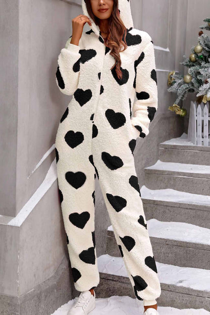Plush Heart Zip Hooded Jumpsuits