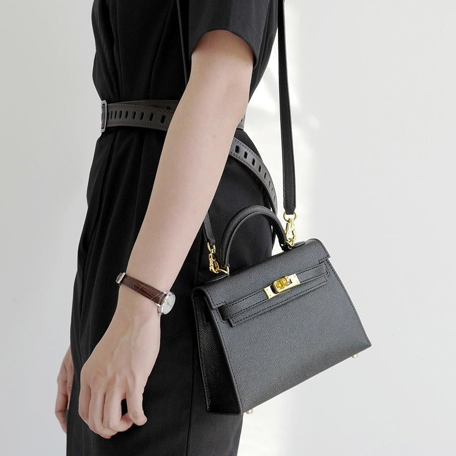 | Structured Leather Handbag with Gold Lock