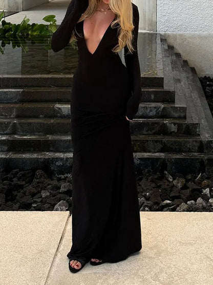Long Sleeve Deep Plunge V-Neck Column Bodycon Maxi Dress
