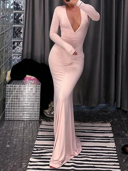 Long Sleeve Deep Plunge V-Neck Column Bodycon Maxi Dress