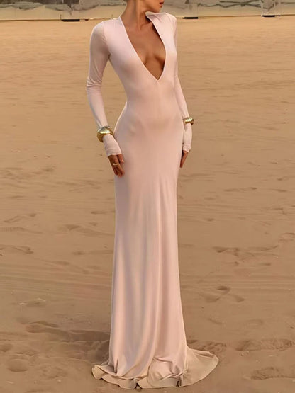 Long Sleeve Deep Plunge V-Neck Column Bodycon Maxi Dress