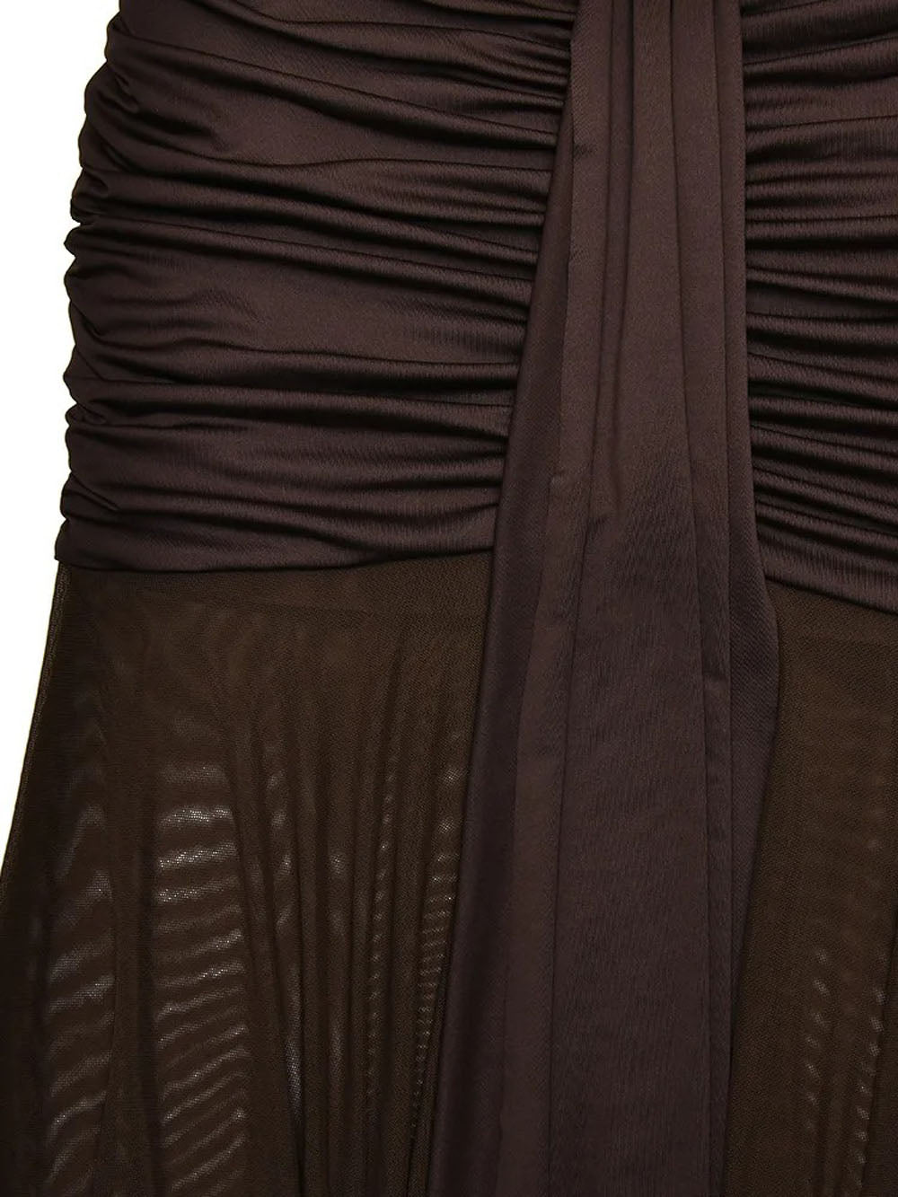 Boat Neck Backless Side Cut Out Ruched Metal Brooch Panel Sheer Maxi Gown