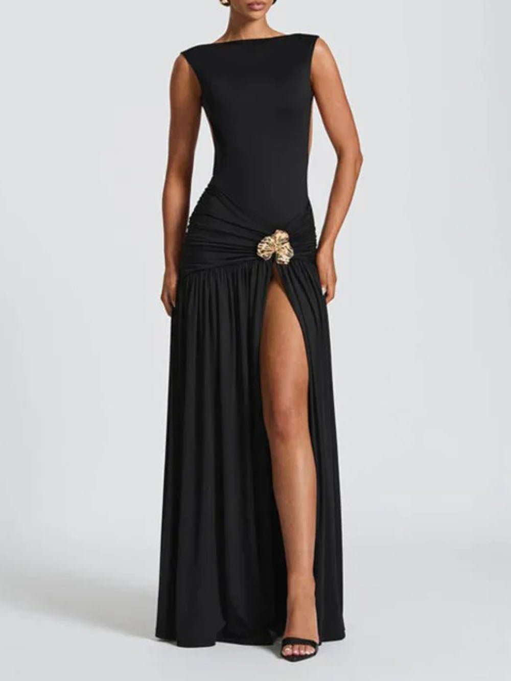 Boat Neck Backless Side Cut Out Ruched Metal Brooch Panel Sheer Maxi Gown