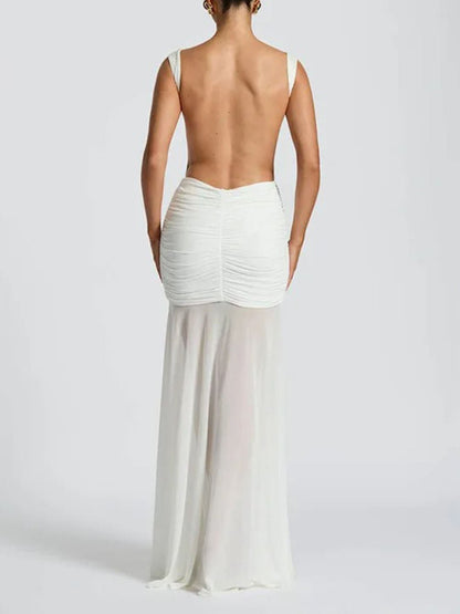 Boat Neck Backless Side Cut Out Ruched Metal Brooch Panel Sheer Maxi Gown