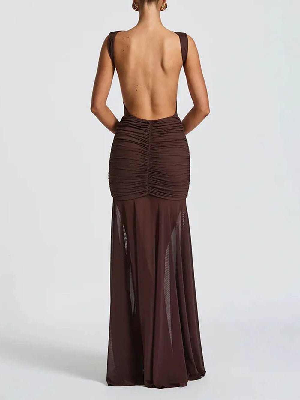 Boat Neck Backless Side Cut Out Ruched Metal Brooch Panel Sheer Maxi Gown
