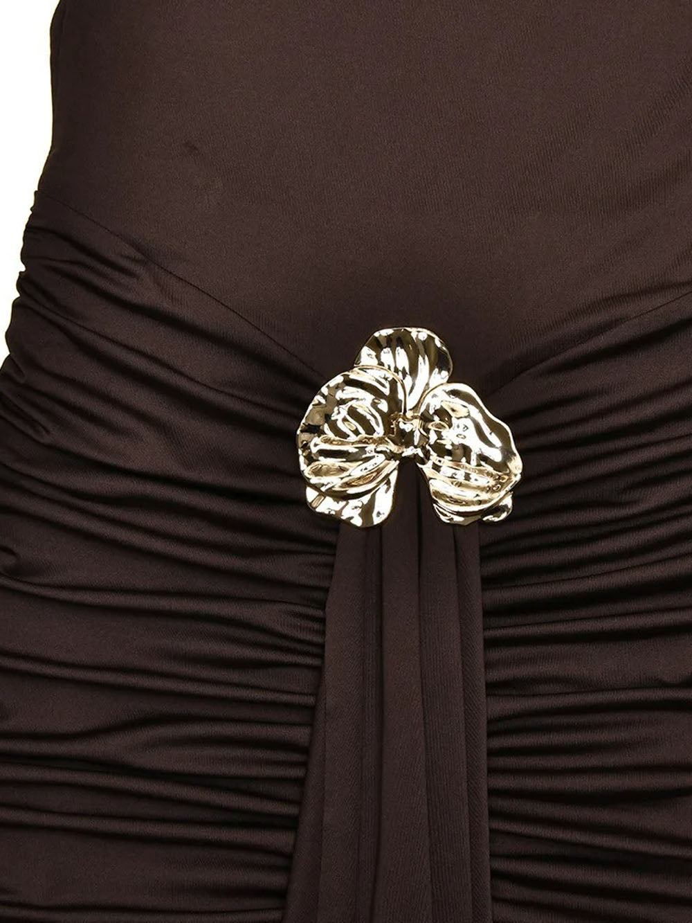 Boat Neck Backless Side Cut Out Ruched Metal Brooch Panel Sheer Maxi Gown