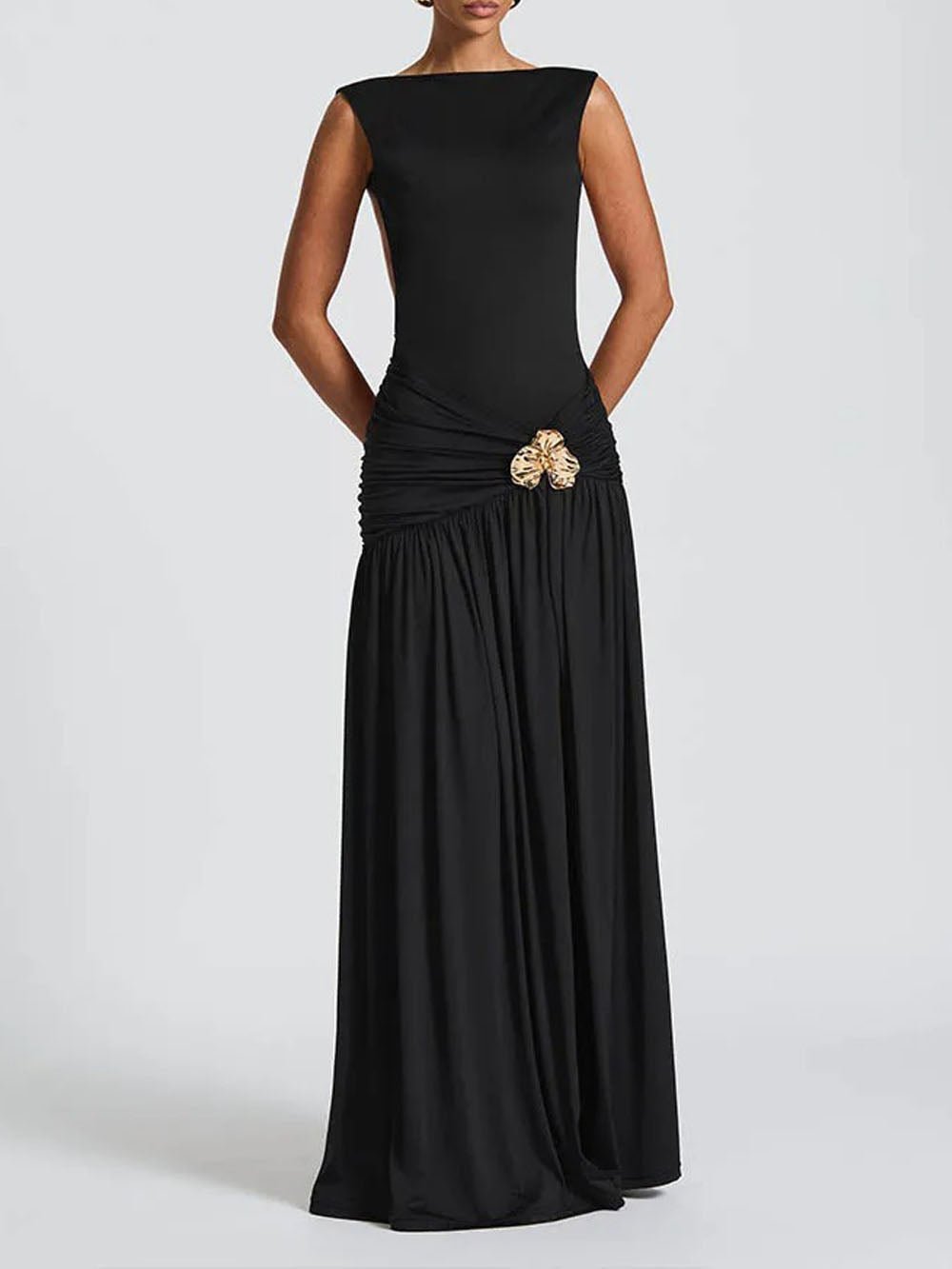 Boat Neck Backless Side Cut Out Ruched Metal Brooch Panel Sheer Maxi Gown
