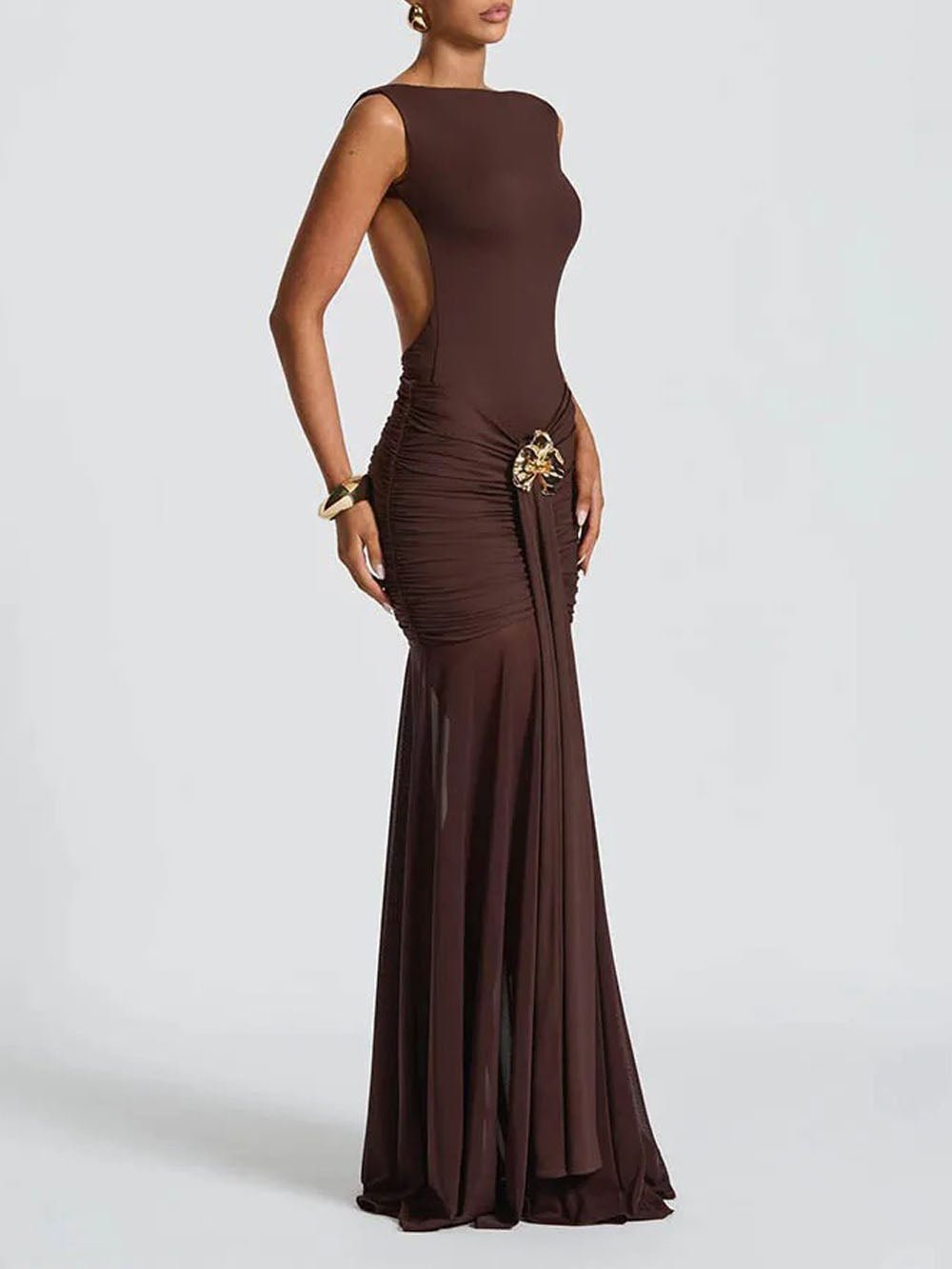 Boat Neck Backless Side Cut Out Ruched Metal Brooch Panel Sheer Maxi Gown