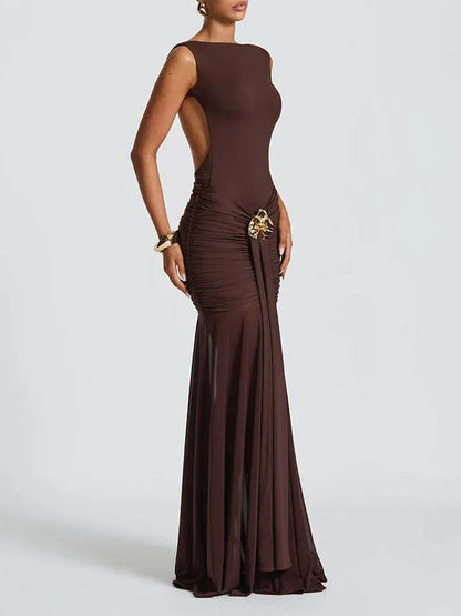 Boat Neck Backless Side Cut Out Ruched Metal Brooch Panel Sheer Maxi Gown
