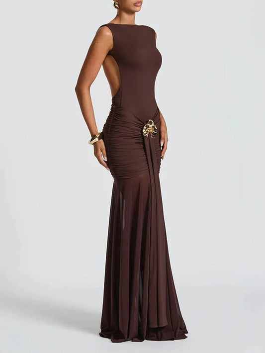 Boat Neck Backless Side Cut Out Ruched Metal Brooch Panel Sheer Maxi Gown