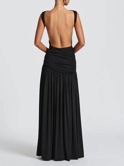 Boat Neck Backless Side Cut Out Ruched Metal Brooch Panel Sheer Maxi Gown