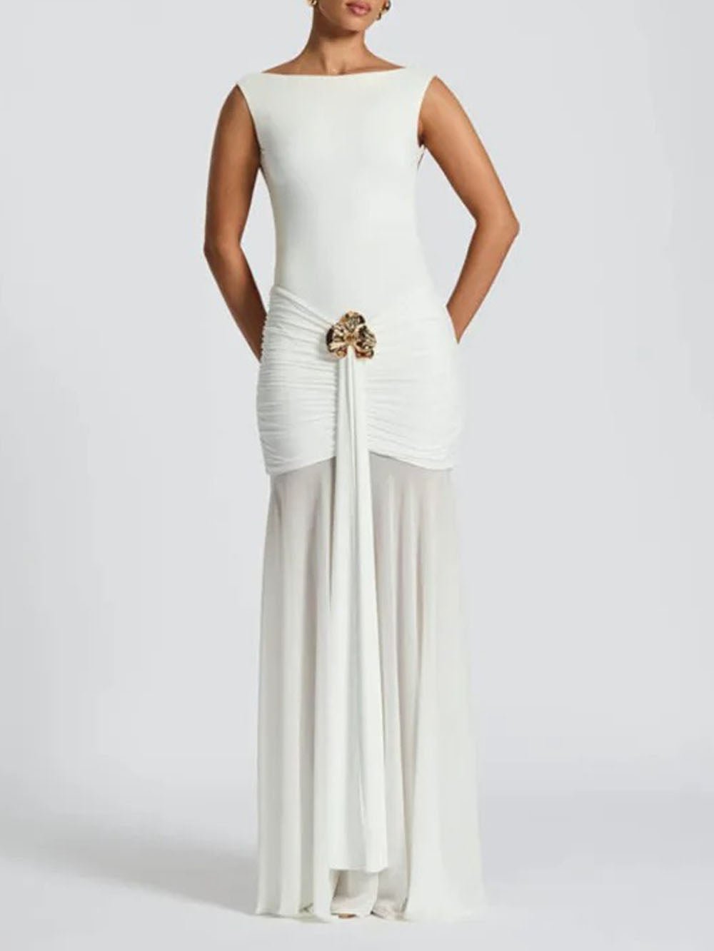 Boat Neck Backless Side Cut Out Ruched Metal Brooch Panel Sheer Maxi Gown