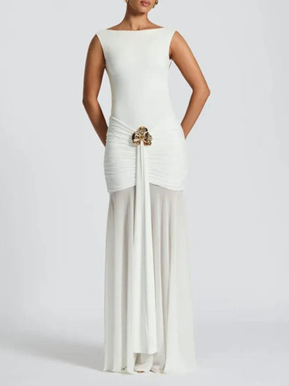 Boat Neck Backless Side Cut Out Ruched Metal Brooch Panel Sheer Maxi Gown
