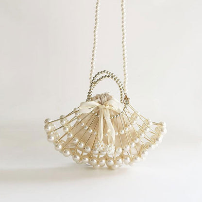 Faux Pearl Drawstring Pouch Top Handle Bag - Beige
