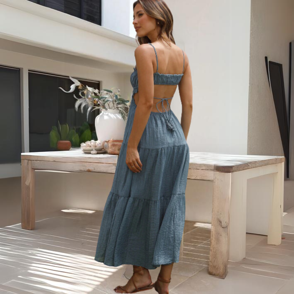 Smocked Back Tie Cut Out Tiered Spaghetti Strap Crinkle Gauze Maxi Dress