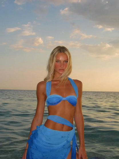 Blue Bikini with Skirt Three Piece Swimsuit