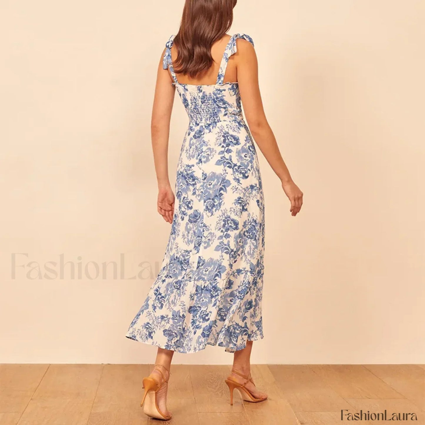 Blue Floral Tie-Strap Midi Dress